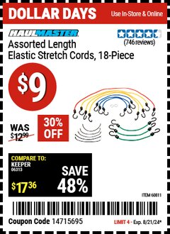 Harbor Freight Coupon HAUL-MASTER ASSORTED LENGTH ELASTIC STRETCH CORDS, 18-PIECE Lot No. 60811 Expired: 8/21/24 - $9