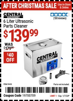 Harbor Freight Coupon CENTRAL MACHINERY 6 LITER ULTRASONIC PARTS CLEANER Lot No. 59430 Expired: 1/7/24 - $139.99