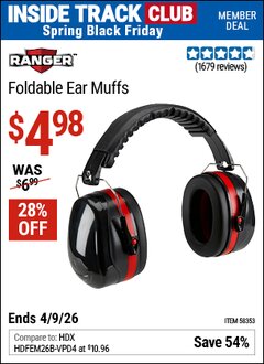 Harbor Freight ITC Coupon RANGER FOLDABLE EAR MUFFS Lot No. 58353 Expired: 4/9/26 - $4.98