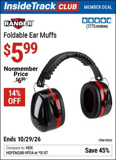 Harbor Freight ITC Coupon RANGER FOLDABLE EAR MUFFS Lot No. 58353 Valid Thru: 10/29/26 - $5.99