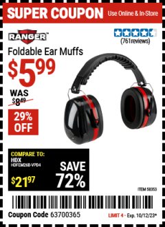 Harbor Freight Coupon RANGER FOLDABLE EAR MUFFS Lot No. 58353 Expired: 10/12/23 - $5.99