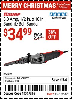 Harbor Freight Coupon BAUER 5.3 AMP, 1/2 IN. X 18 IN. BANDFILE BELT SANDER Lot No. 58155 Expired: 12/29/24 - $34.99