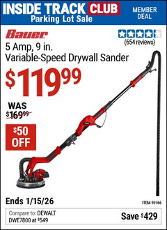 Harbor Freight ITC Coupon BAUER 5 AMP, 9 IN. VARIABLE-SPEED DRYWALL SANDER Lot No. 59166 Expired: 1/15/26 - $119.99