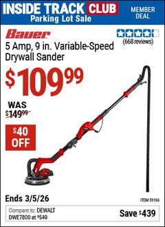 Harbor Freight ITC Coupon BAUER 5 AMP, 9 IN. VARIABLE-SPEED DRYWALL SANDER Lot No. 59166 Expired: 3/5/26 - $109.99
