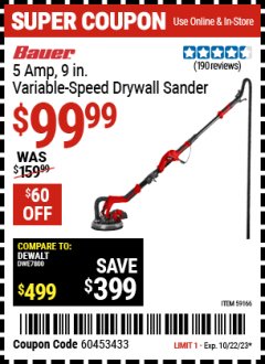 Harbor Freight Coupon BAUER 5 AMP 9 IN VARIABLE SPEED DRYWALL SANDER Lot No. 59166 Expired: 10/22/23 - $99.99