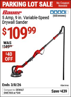 Harbor Freight Coupon BAUER 5 AMP, 9 IN. VARIABLE-SPEED DRYWALL SANDER Lot No. 59166 Expired: 3/8/26 - $109.99