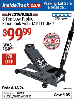 Harbor Freight ITC Coupon PITTSBURGH 3 TON LOW-PROFILE FLOOR JACK WITH RAPID PUMP, SLATE GRAY Lot No. 70482 Valid Thru: 8/13/26 - $99.99