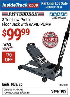 Harbor Freight ITC Coupon PITTSBURGH 3 TON LOW-PROFILE FLOOR JACK WITH RAPID PUMP, SLATE GRAY Lot No. 70482 Expired: 10/8/26 - $99.99