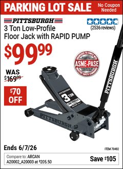 Harbor Freight Coupon PITTSBURGH 3 TON LOW-PROFILE FLOOR JACK WITH RAPID PUMP, SLATE GRAY Lot No. 70482 Expired: 6/7/26 - $99.99