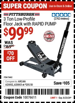 Harbor Freight Coupon PITTSBURGH 3 TON LOW-PROFILE FLOOR JACK WITH RAPID PUMP, SLATE GRAY Lot No. 70482 Expired: 8/23/26 - $99.99