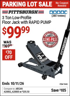 Harbor Freight Coupon PITTSBURGH 3 TON LOW-PROFILE FLOOR JACK WITH RAPID PUMP, SLATE GRAY Lot No. 70482 Expired: 10/11/26 - $99.99