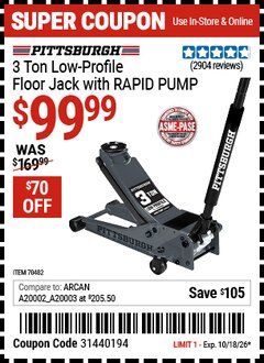 Harbor Freight Coupon PITTSBURGH 3 TON LOW-PROFILE FLOOR JACK WITH RAPID PUMP, SLATE GRAY Lot No. 70482 Expired: 10/18/26 - $99.99