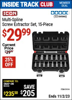 Harbor Freight ITC Coupon ICON MULTI-SPLINE SCREW EXTRACTOR SET, 15 PIECE Lot No. 59194 Expired: 11/2/23 - $29.99