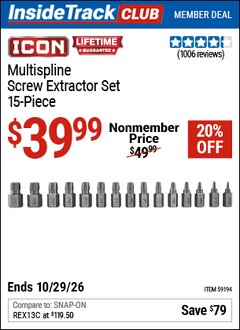 Harbor Freight ITC Coupon ICON MULTISPLINE SCREW EXTRACTOR SET, 15-PIECE Lot No. 59194 Valid Thru: 10/29/26 - $39.99