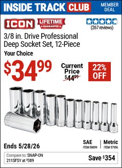 Harbor Freight Coupon ICON 3/8 IN. DRIVE PROFESSIONAL DEEP SOCKET SET, 12-PIECE Lot No. 58099/57956 Valid: 12/31/69 - 5/28/26 - $34.99