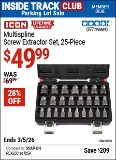 Harbor Freight ITC Coupon ICON MULTISPLINE SCREW EXTRACTOR SET, 25-PIECE Lot No. 58699 Valid Thru: 3/5/26 - $49.99