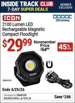 Harbor Freight ITC Coupon ICON 2100 LUMEN LED RECHARGEABLE MAGNETIC COMPACT FLOODLIGHT, BLACK Lot No. 59170 Dates Valid: 12/31/69 - 6/25/26 - $29.99