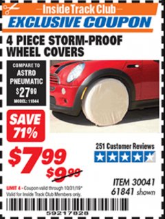 Harbor Freight ITC Coupon 4 PIECE STORM-PROOF WHEEL COVERS Lot No. 93715/61841 Expired: 10/31/19 - $7.99