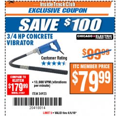 Harbor Freight ITC Coupon 3/4 HP CONCRETE VIBRATOR Lot No. 34923 Expired: 6/5/18 - $79.99