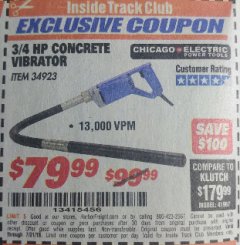 Harbor Freight ITC Coupon 3/4 HP CONCRETE VIBRATOR Lot No. 34923 Expired: 7/31/18 - $79.99