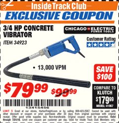 Harbor Freight ITC Coupon 3/4 HP CONCRETE VIBRATOR Lot No. 34923 Expired: 7/31/18 - $79.99