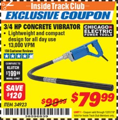 Harbor Freight ITC Coupon 3/4 HP CONCRETE VIBRATOR Lot No. 34923 Expired: 12/31/19 - $79.99
