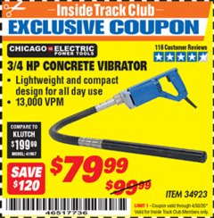 Harbor Freight ITC Coupon 3/4 HP CONCRETE VIBRATOR Lot No. 34923 Expired: 4/30/20 - $79.99