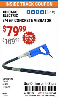 Harbor Freight ITC Coupon 3/4 HP CONCRETE VIBRATOR Lot No. 34923 Expired: 8/31/20 - $79.9