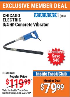 Harbor Freight ITC Coupon 3/4 HP CONCRETE VIBRATOR Lot No. 34923 Expired: 2/25/21 - $79.99