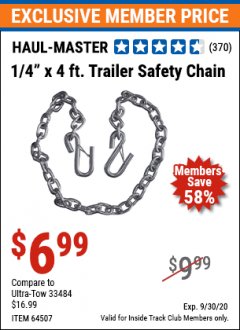 Harbor Freight ITC Coupon HAUL-MASTER 1/4 IN. X 4 FT. TRAILER SAFETY CHAIN Lot No. 64507 Expired: 9/30/20 - $6.99