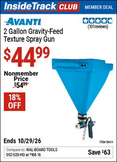 Harbor Freight ITC Coupon AVANTI 2 GALLON GRAVITY-FEED TEXTURE SPRAY GUN Lot No. 58614 Valid Thru: 10/29/26 - $44.99