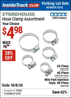 Harbor Freight ITC Coupon STOREHOUSE HOSE CLAMP ASSORTMENT Lot No. 58150/62363/63280 Expired: 10/8/26 - $4.98