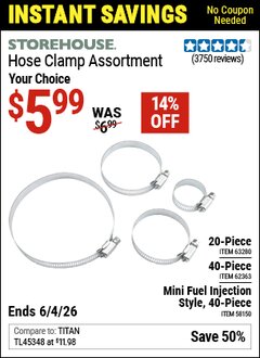 Harbor Freight Coupon STOREHOUSE HOSE CLAMP ASSORTMENT Lot No. 58150/62363/63280 Valid Thru: 6/4/26 - $5.99