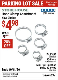 Harbor Freight Coupon STOREHOUSE HOSE CLAMP ASSORTMENT Lot No. 58150/62363/63280 Valid Thru: 10/11/26 - $4.98