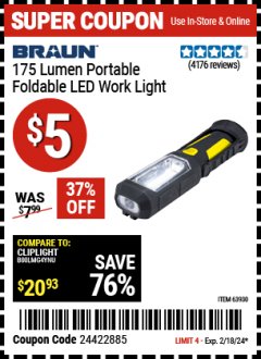 Harbor Freight Coupon BRAUN 175 LUMEN PORTABLE FOLDABLE LED WORK LIGHT Lot No. 63930 Expired: 2/18/24 - $5