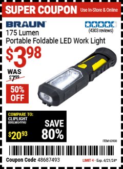 Harbor Freight Coupon BRAUN 175 LUMEN PORTABLE FOLDABLE LED WORK LIGHT Lot No. 63930 Expired: 4/21/24 - $3.98