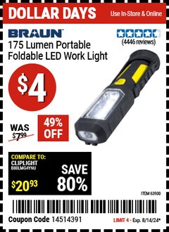 Harbor Freight Coupon BRAUN 175 LUMEN PORTABLE FOLDABLE LED WORK LIGHT Lot No. 63930 Expired: 8/14/24 - $4