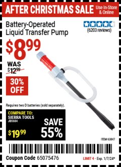 Harbor Freight Coupon BATTERY-OPERATED LIQUID TRANSFER PUMP Lot No. 63847/64124/56646 Expired: 1/7/24 - $8.99