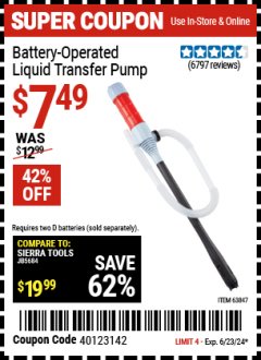 Harbor Freight Coupon BATTERY-OPERATED LIQUID TRANSFER PUMP Lot No. 63847/64124/56646 Expired: 6/23/24 - $7.49
