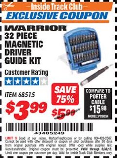 Harbor Freight ITC Coupon 32 PIECE MAGNETIC DRIVER GUIDE KIT Lot No. 68515 Expired: 6/30/18 - $3.99