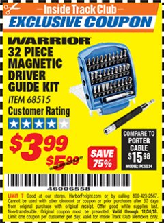 Harbor Freight ITC Coupon 32 PIECE MAGNETIC DRIVER GUIDE KIT Lot No. 68515 Expired: 11/30/18 - $3.99
