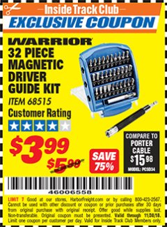 Harbor Freight ITC Coupon WARRIOR MAGNETIC DRIVER GUIDE KIT, 32-PIECE Lot No. 68515 Expired: 11/30/18 - $3.99