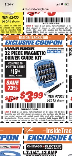 Harbor Freight ITC Coupon 32 PIECE MAGNETIC DRIVER GUIDE KIT Lot No. 68515 Expired: 6/30/19 - $3.99