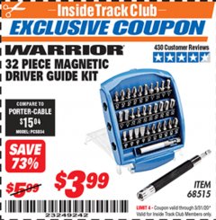 Harbor Freight ITC Coupon WARRIOR MAGNETIC DRIVER GUIDE KIT, 32-PIECE Lot No. 68515 Expired: 3/31/20 - $3.99
