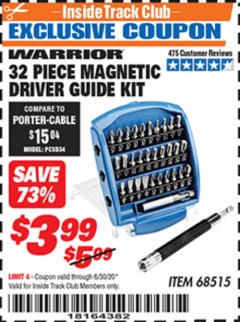 Harbor Freight ITC Coupon WARRIOR MAGNETIC DRIVER GUIDE KIT, 32-PIECE Lot No. 68515 Expired: 6/30/20 - $3.99