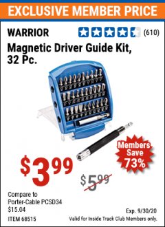 Harbor Freight ITC Coupon 32 PIECE MAGNETIC DRIVER GUIDE KIT Lot No. 68515 Expired: 9/30/20 - $3.99