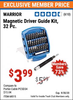 Harbor Freight ITC Coupon WARRIOR MAGNETIC DRIVER GUIDE KIT, 32-PIECE Lot No. 68515 Expired: 9/30/20 - $3.99