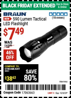 Harbor Freight Coupon 590 LUMEN TACTICAL LED FLASHLIGHT Lot No. 59362 Expired: 12/3/23 - $7.49