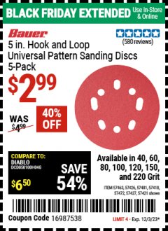 Harbor Freight Coupon BAUER 5 IN. HOOK-AND-LOOP UNIVERSAL PATTERN SANDING DISCS, 5-PACK Lot No. 57418/57421/57426/57427/57463/57472/57481 Expired: 12/3/23 - $2.99