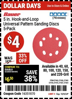 Harbor Freight Coupon BAUER 5 IN. HOOK-AND-LOOP UNIVERSAL PATTERN SANDING DISCS, 5-PACK Lot No. 57418/57421/57426/57427/57463/57472/57481 Expired: 10/9/24 - $4